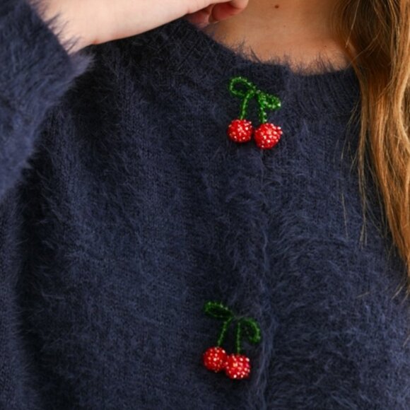 NEW Beaded Cherry Button Front Fuzzy Blue Soft Cardigan - SIZE SMALL - Picture 5 of 5